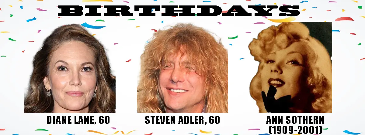 A celebratory birthday meme template with confetti background and three headshots: Diane Lane (60), Steven Adler (60), and…