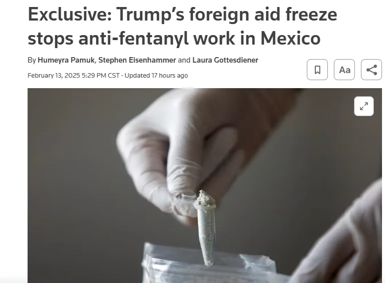 A news article screenshot shows a gloved hand holding a test tube containing a white powdery substance, with the headline…
