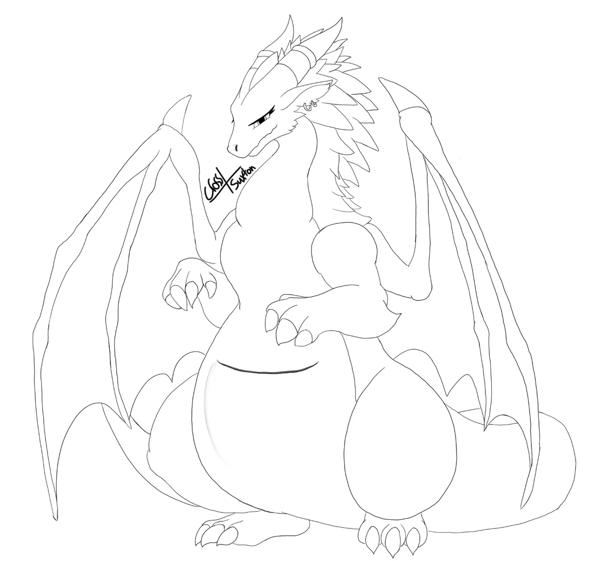 A black-and-white line art drawing of a dragon sitting with a very large, rounded belly, looking smugly at the viewer. The…