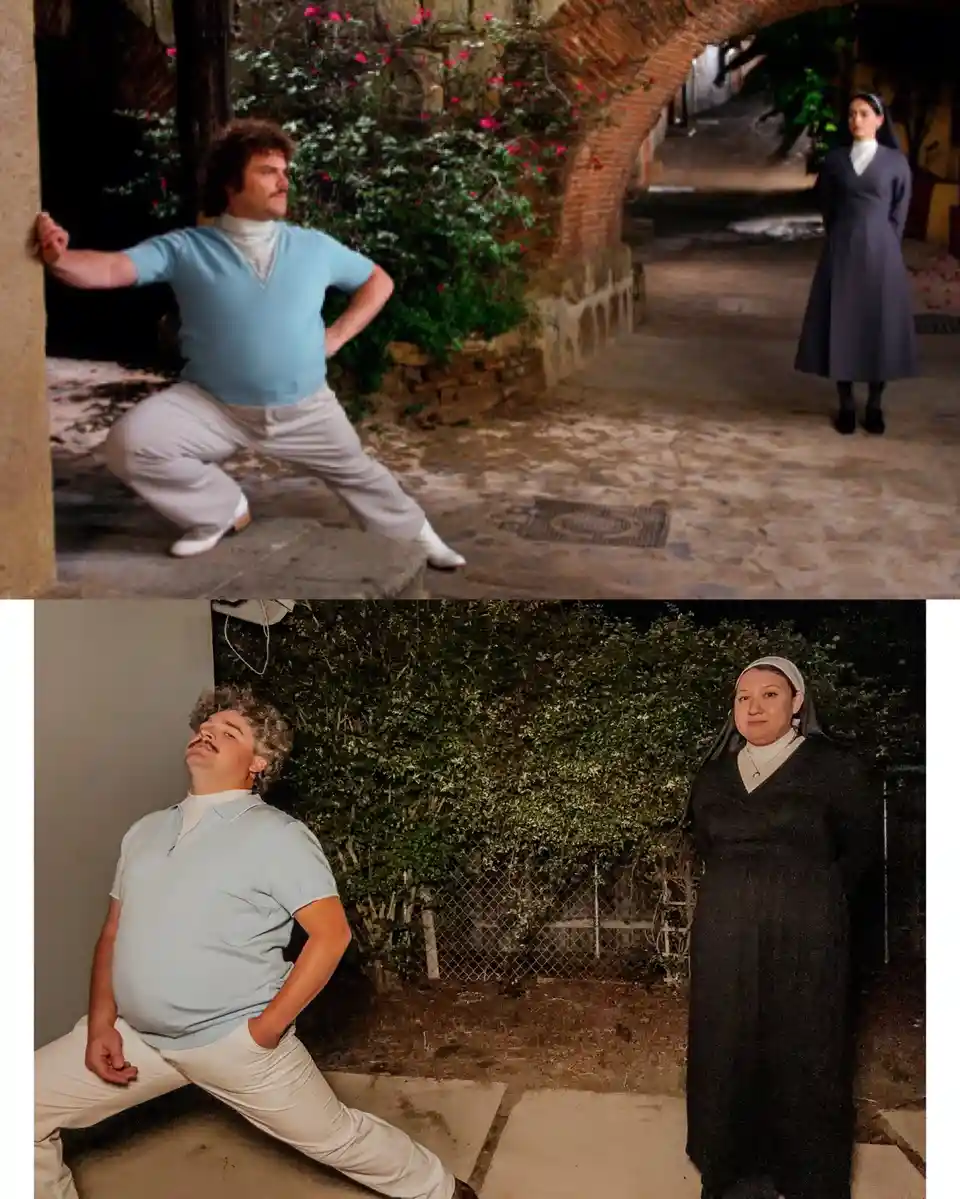 The image is a two-panel meme. The top panel shows a man in a light blue shirt and white pants striking a confident…