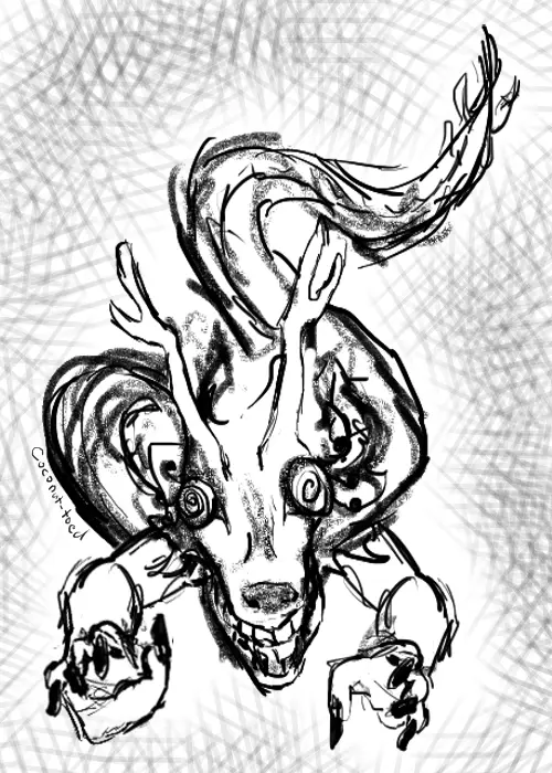 A black-and-white sketch depicts a monstrous, dog-like creature with spiraling eyes, sharp teeth, and clawed hands, set…