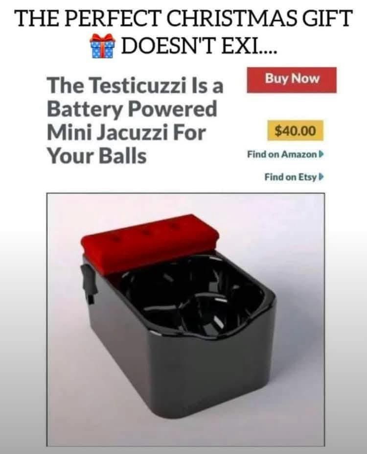 An image mimicking an online product listing shows a black, rectangular, mini-jacuzzi-style device with a red cushioned lid…