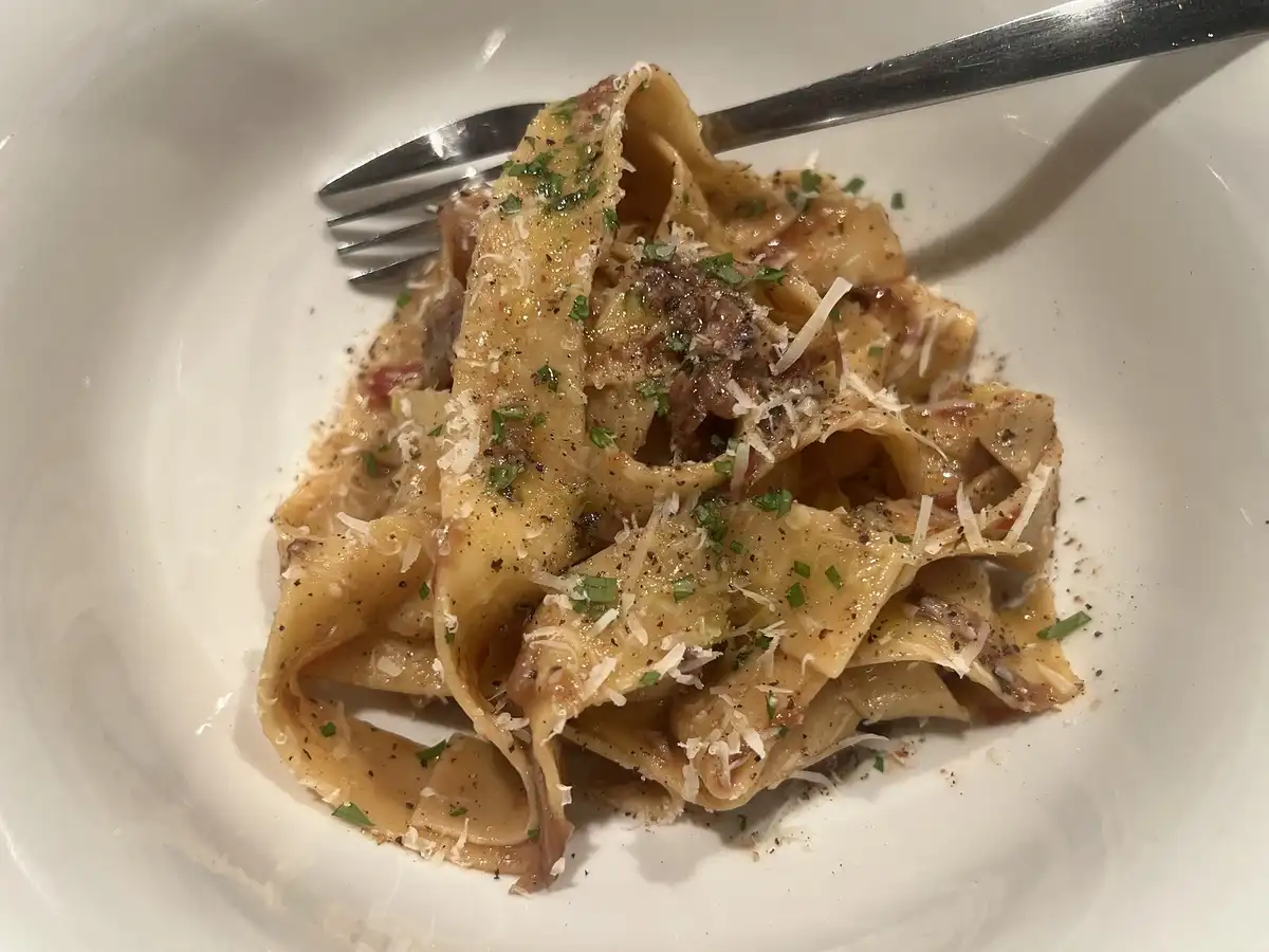 A close-up photo shows a white bowl filled with wide pasta noodles coated in a creamy sauce, topped with grated cheese…