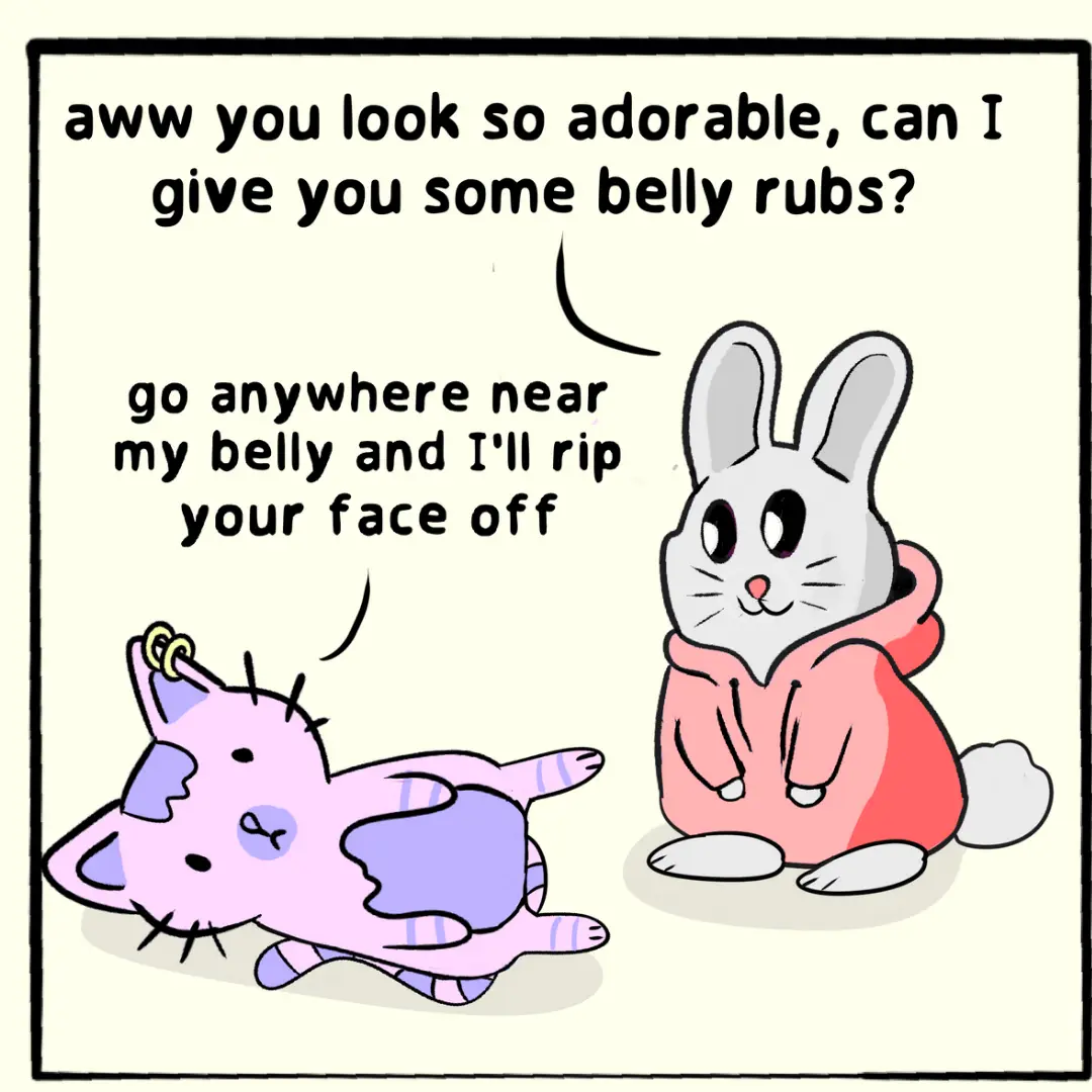 A cartoon rabbit in a pink hoodie asks a pink cat lying on its back for belly rubs, but the cat responds with a threatening…