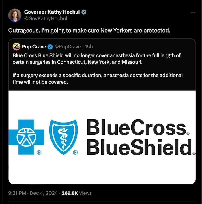 A screenshot of a tweet from Governor Kathy Hochul, who responds to a news report that Blue Cross Blue Shield will no longer…