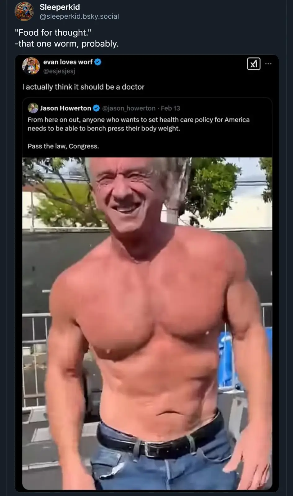 A shirtless, muscular older man with a wide smile is shown in an outdoor setting. The image is overlaid with a social media…