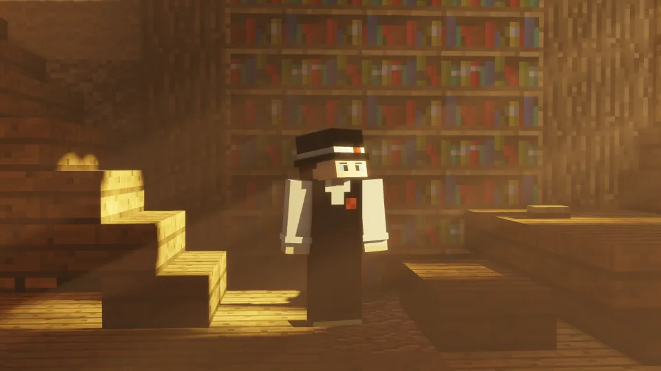 A Minecraft character wearing a black hat and white shirt stands in a wooden library with bookshelves behind them. Sunlight…