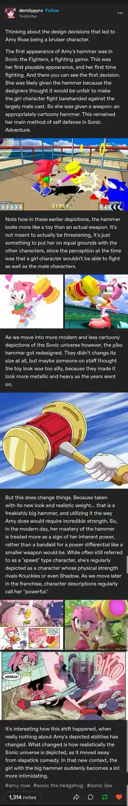 This image is a social media post analyzing how Amy Rose's hammer evolved from a cartoonish toy in early Sonic games to a…
