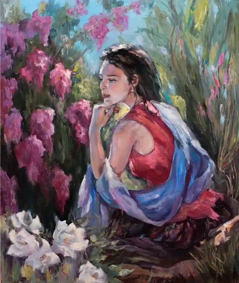 A painted portrait of a woman sitting in a garden surrounded by pink and white flowers, looking pensive with her hand near…