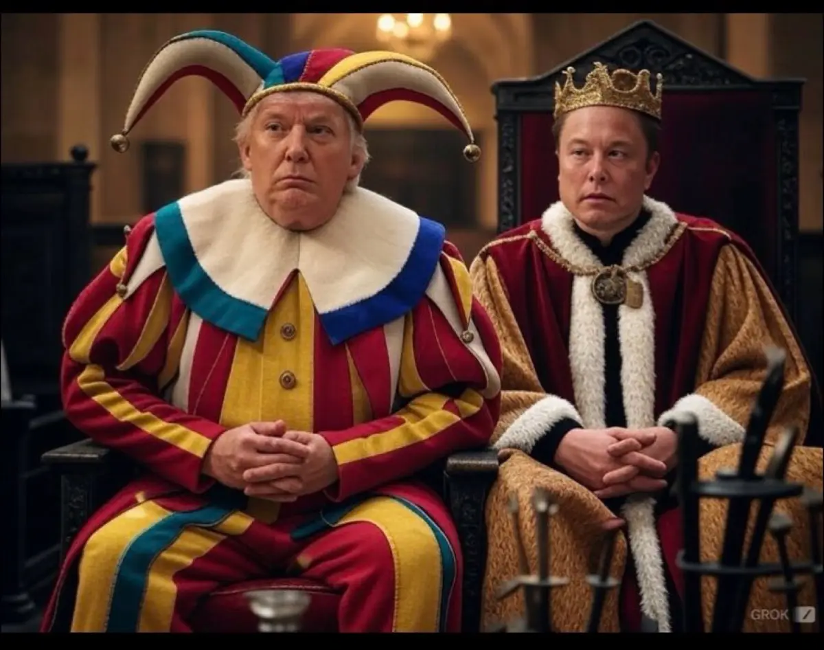 Two men sit side by side in royal attire; the man on the left wears a colorful jester costume with bells and a stern…