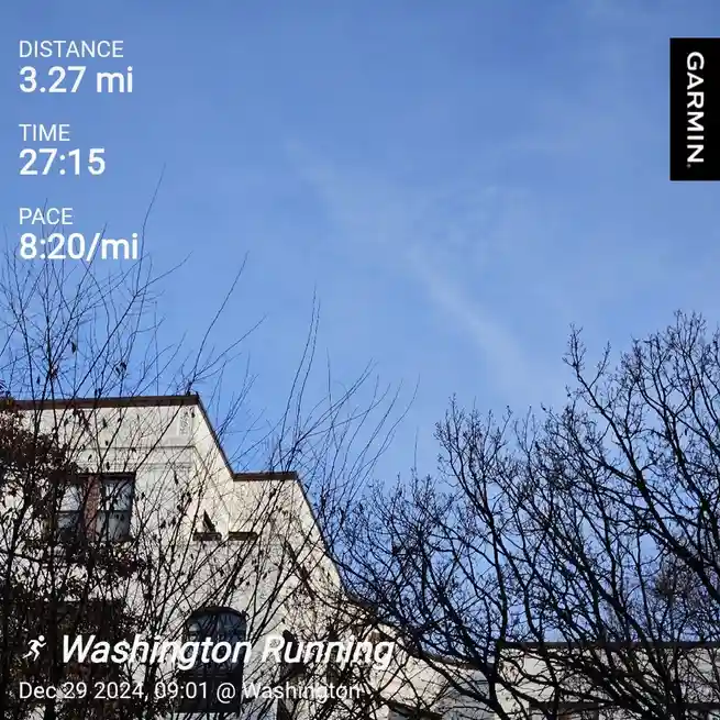 A screenshot of a Garmin fitness tracker showing a 3.27-mile run completed in 27 minutes and 15 seconds with a pace of 8:20…