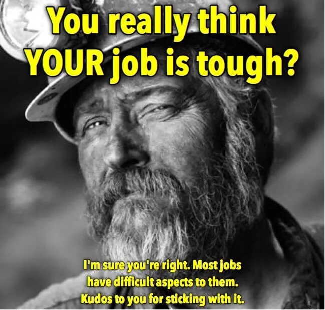 A black-and-white photo of a weathered man with a beard and a hard hat, looking upward with a weary expression. Yellow text…