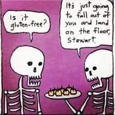 Two cartoon skeletons stand against a purple background. One skeleton holds a tray with a small cake topped with what appear…
