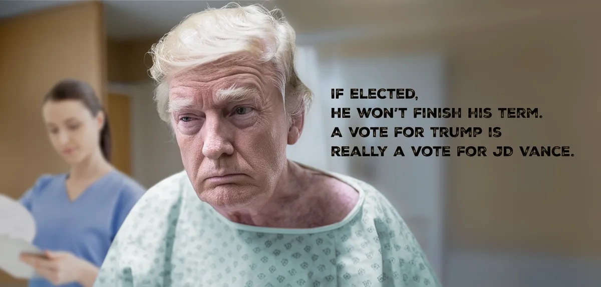 A digitally altered image shows Donald Trump looking frail and sick in a hospital gown, with a blurred nurse in the…