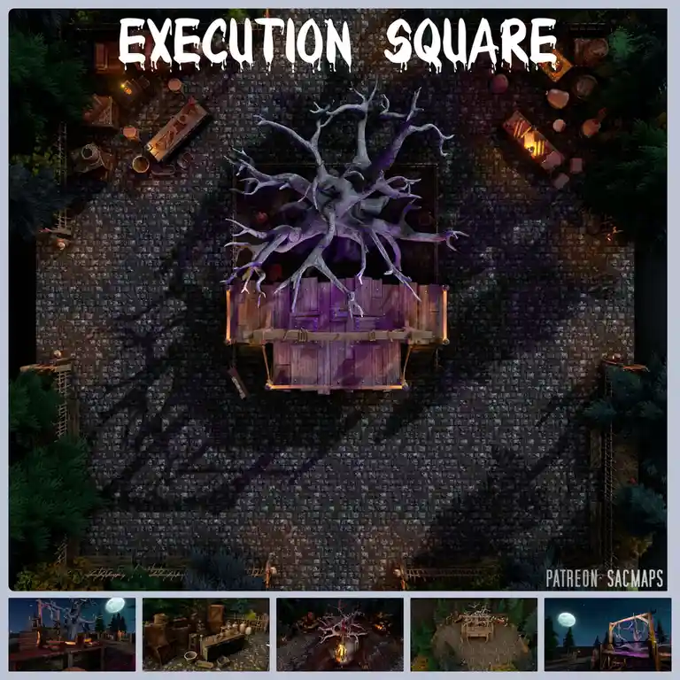 An overhead view of a dark, stone-paved square featuring a central wooden platform with a large, gnarled, purple-tinged tree…