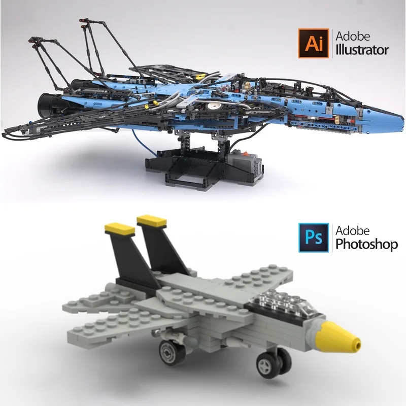 The image displays two Lego fighter jets side by side. The top jet, labeled 'Adobe Illustrator', is a highly detailed…