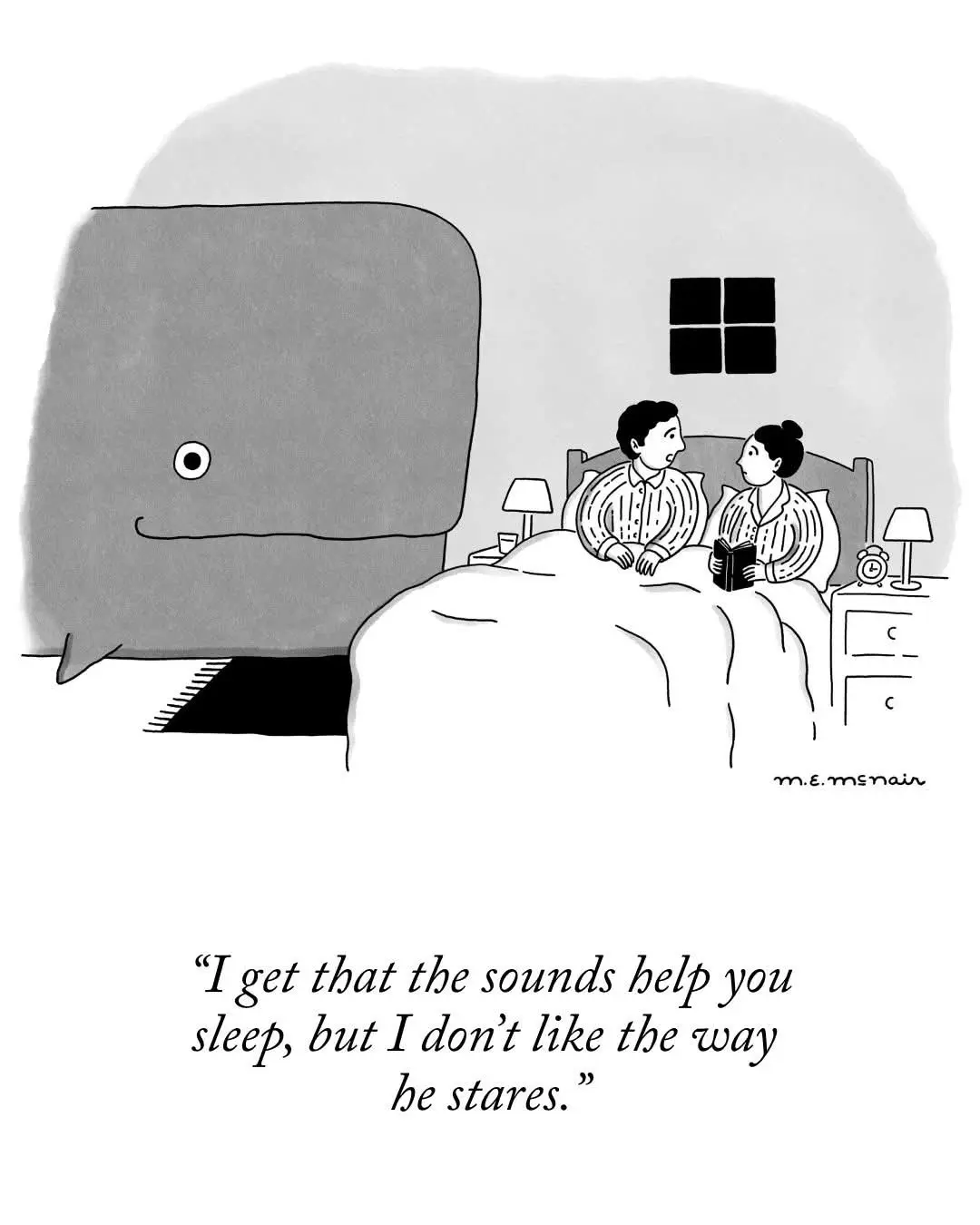 A black-and-white cartoon depicts a couple sitting up in bed at night, with a large, smiling, one-eyed whale-shaped object…