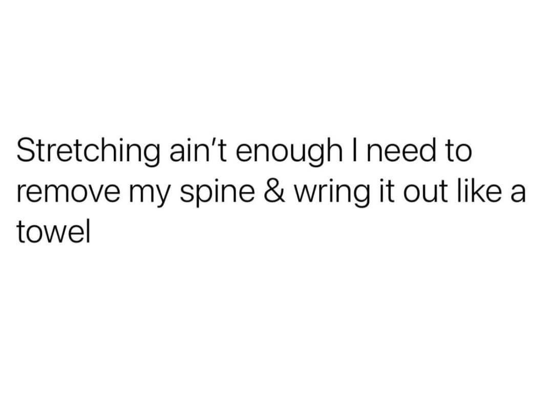 The image is a plain white background with black text that reads: 'Stretching ain't enough I need to remove my spine & wring…