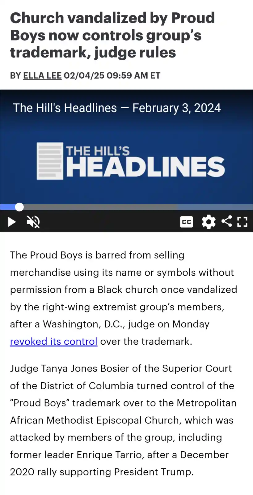 A screenshot of a news article from 'The Hill's Headlines' dated February 3, 2024, with the headline 'Church vandalized by…