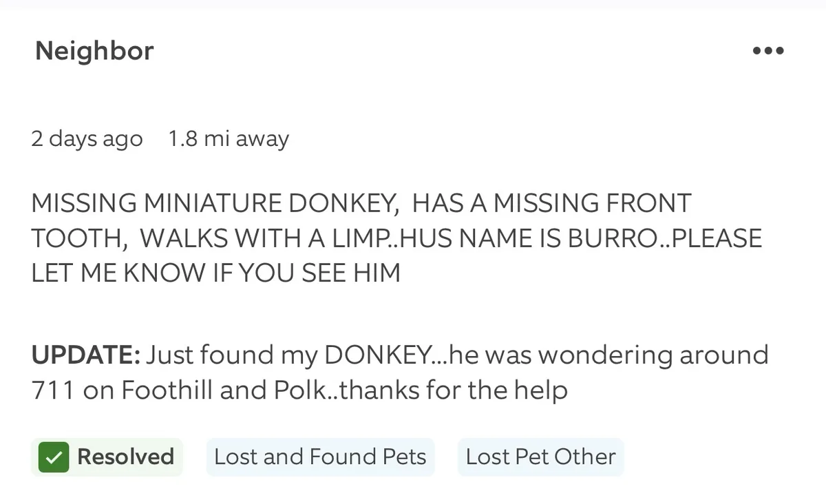 A screenshot of a 'Neighbor' lost pet post from a community app, showing a missing miniature donkey named Burro with a…