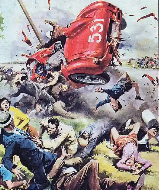 A chaotic vintage illustration depicts a red race car, number 531, flipping violently in mid-air, scattering debris and…