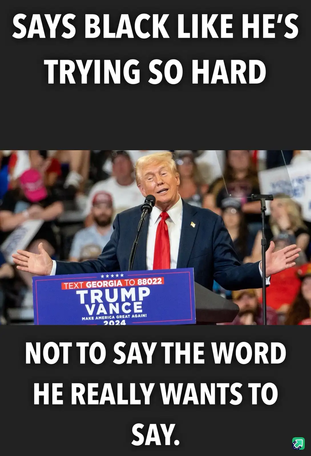 A photo of Donald Trump speaking at a rally with a blue podium that reads 'TRUMP VANCE MAKE AMERICA GREAT AGAIN! 2024' and…