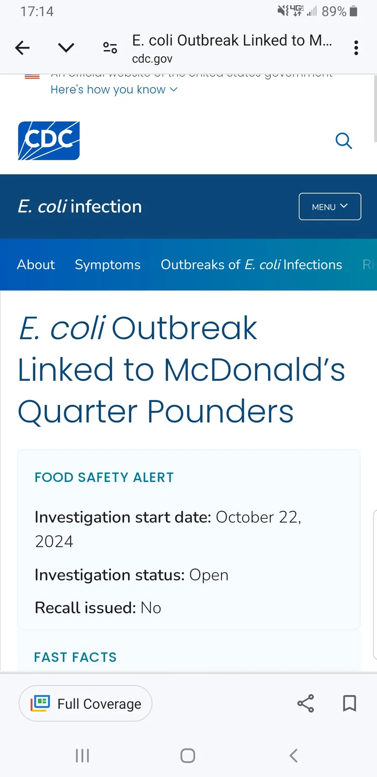 A screenshot of a CDC.gov webpage shows a fictional 'Food Safety Alert' about an E. coli outbreak linked to McDonald's…