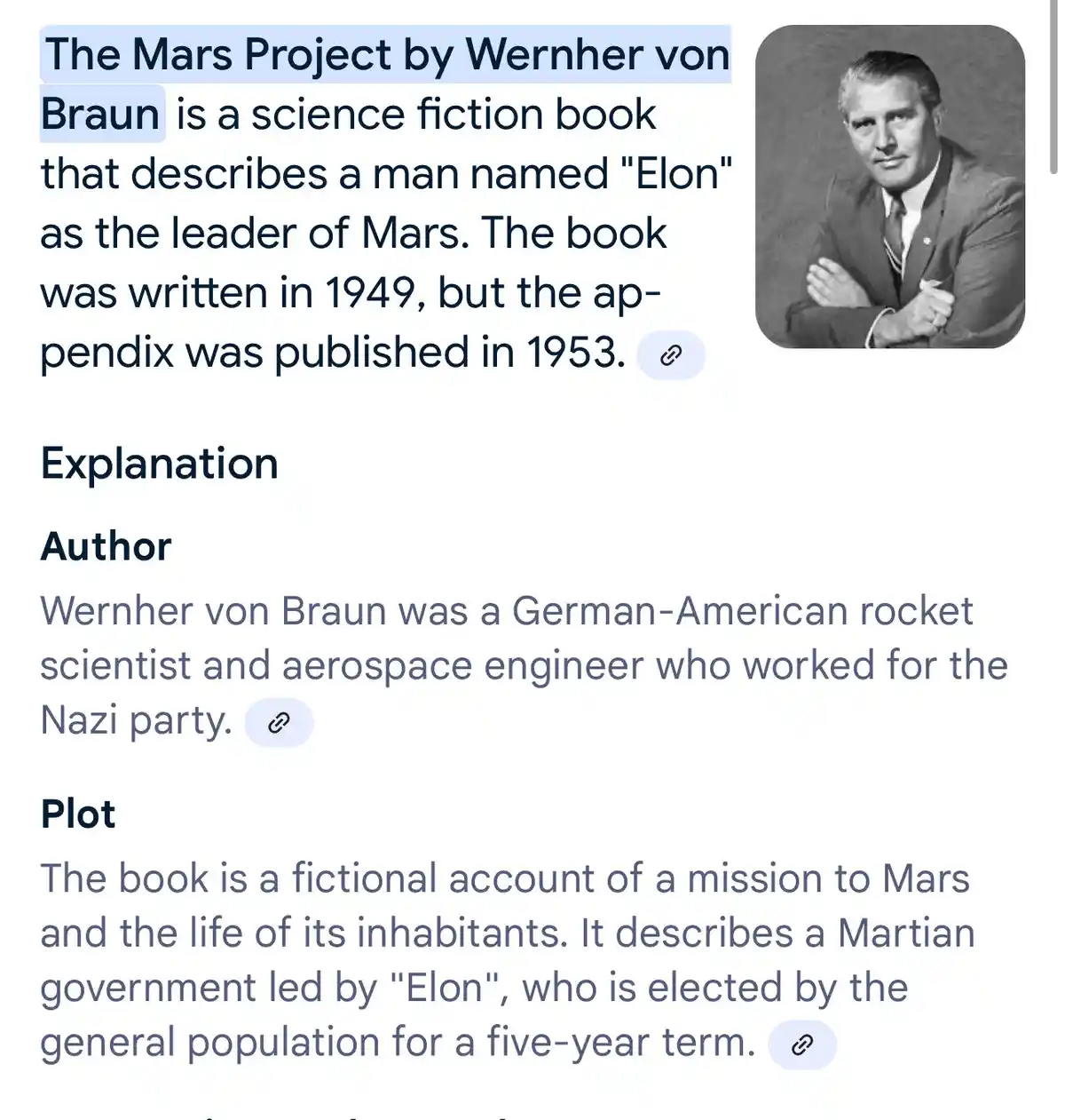 A black-and-white portrait of Wernher von Braun is shown next to text that claims his 1949 book 'The Mars Project' describes…