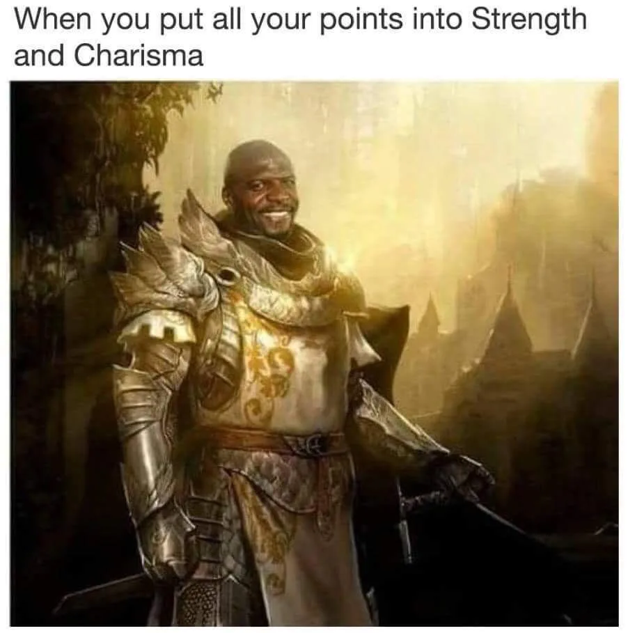 A bald Black man in ornate, golden-embossed medieval armor stands confidently with a sword, smiling broadly at the camera…