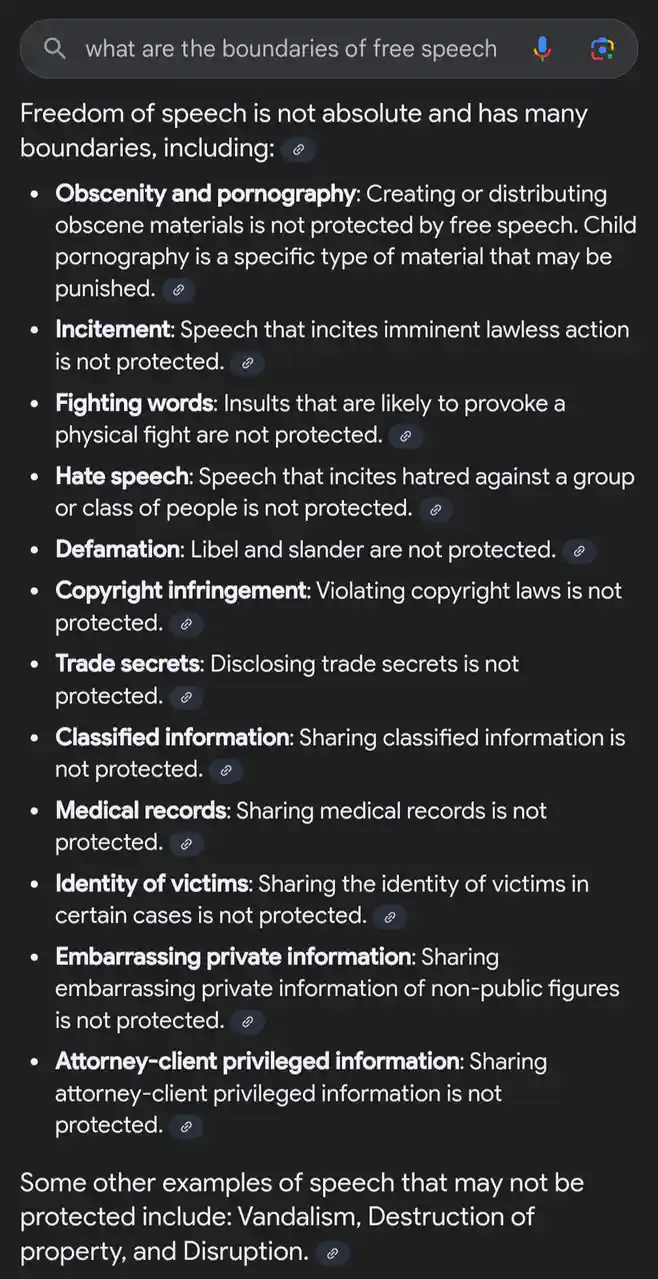 A screenshot of a Google search result for 'what are the boundaries of free speech' showing a list of legal exceptions to…