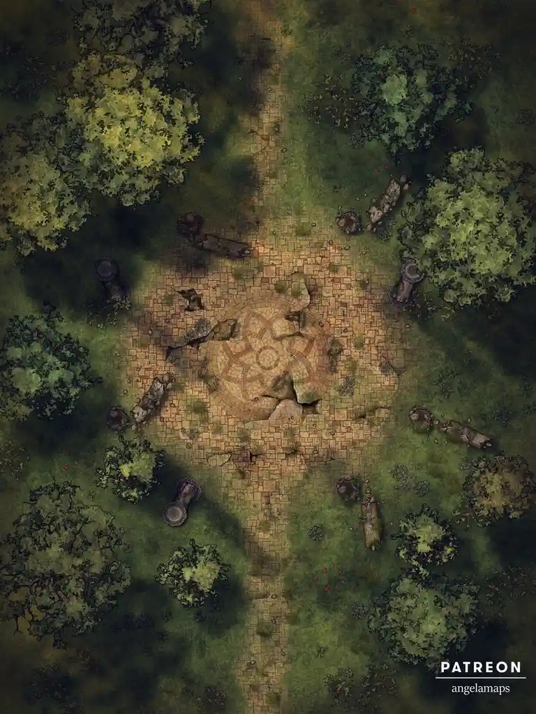 An overhead view of a circular stone mosaic path in a forest, surrounded by trees and broken stone pillars. The image has a…