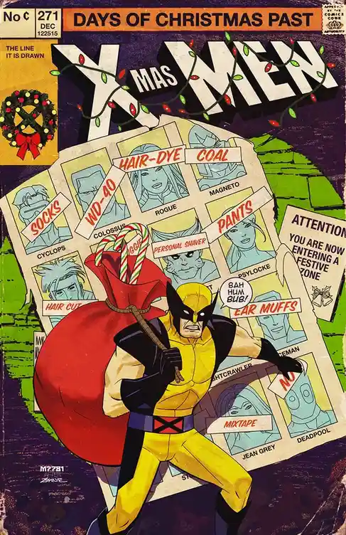 A comic book cover parody titled 'X-Mas Men' shows Wolverine carrying a giant red sack of gifts. Behind him, a grid of X-Men…