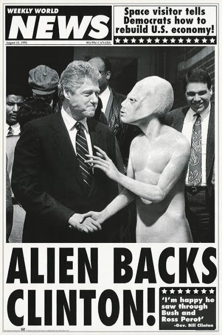 A black-and-white image mimicking a 1992 Weekly World News front page, showing Bill Clinton shaking hands with a humanoid…