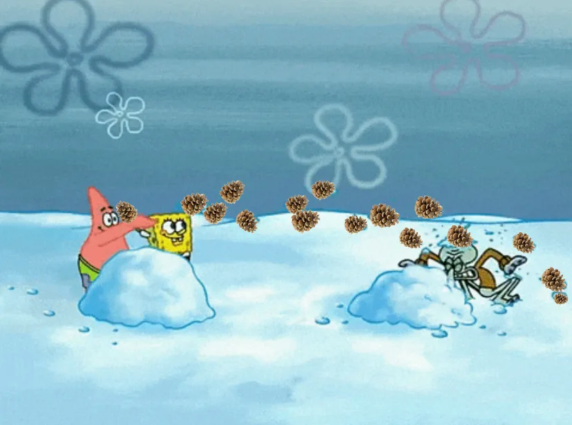 In a snowy underwater scene from SpongeBob SquarePants, Patrick Star and SpongeBob SquarePants are engaged in a snowball…