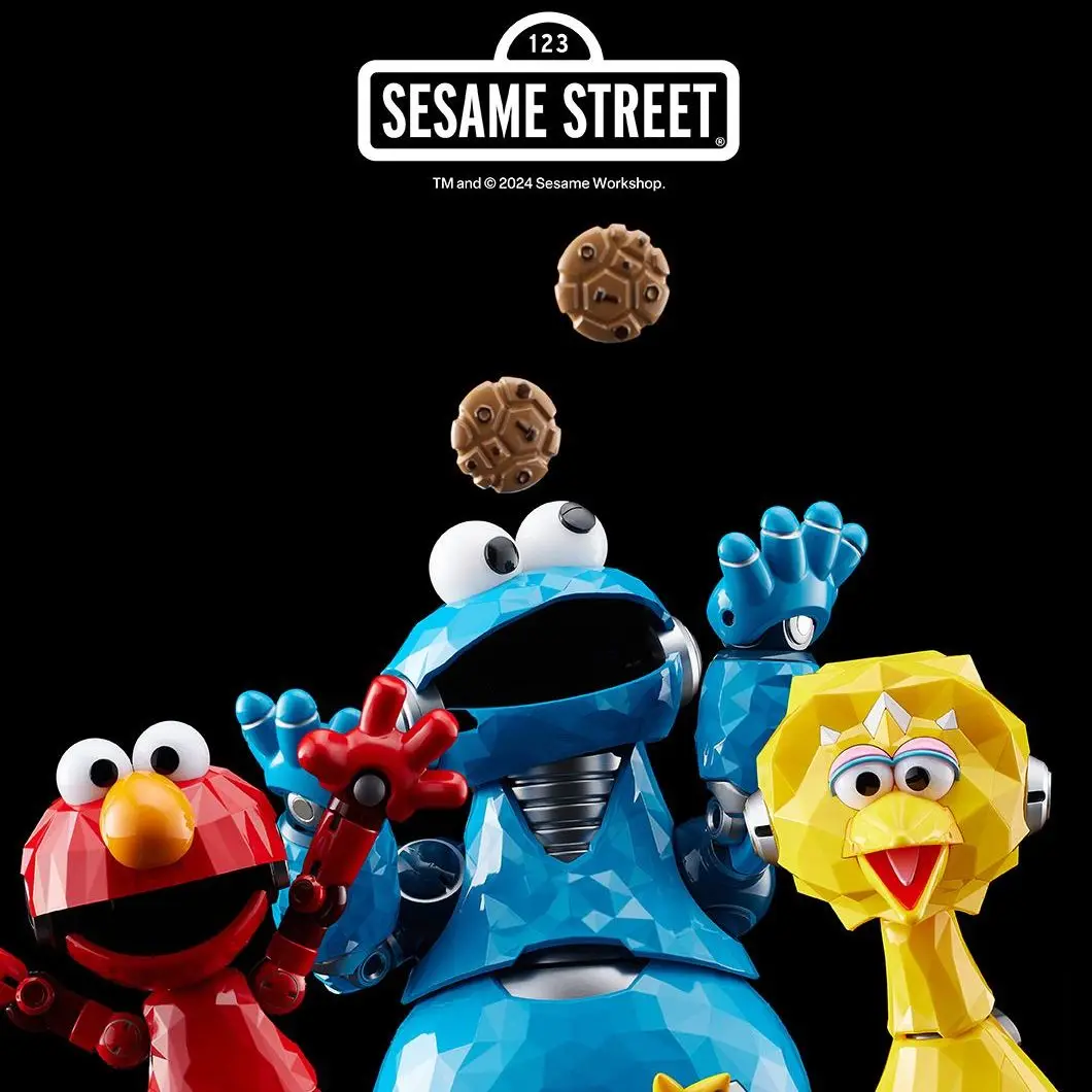 This image features Elmo, Cookie Monster, and Big Bird reimagined as angular, robotic figures with metallic joints and…