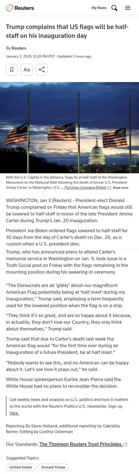 A Reuters news article screenshot shows three American flags flying at half-staff against a twilight sky with the U.S…