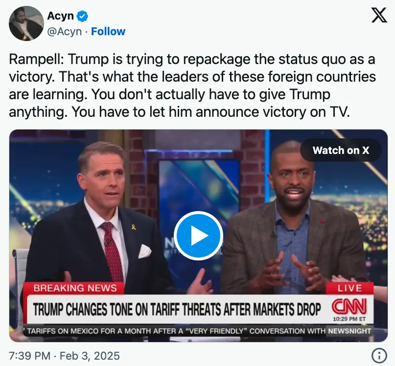 A screenshot of a CNN news broadcast featuring two male anchors discussing Trump's policy shifts. A large blue play button…