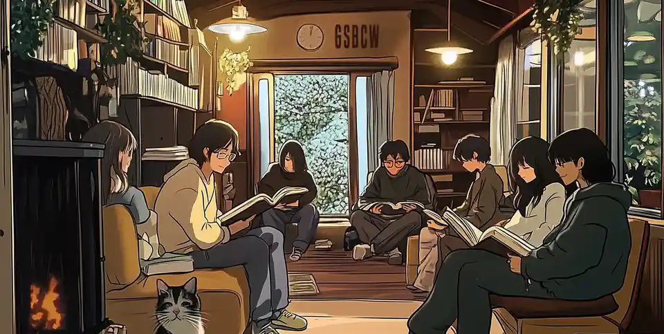 An anime-style illustration shows seven people sitting in a cozy, warmly lit room with bookshelves, a fireplace, and large…