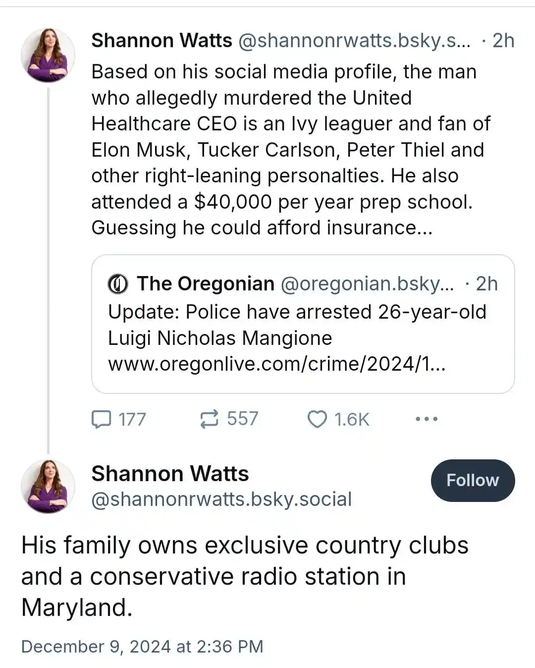 A screenshot of two tweets from Shannon Watts on Bluesky. The first tweet states that the man accused of murdering the…