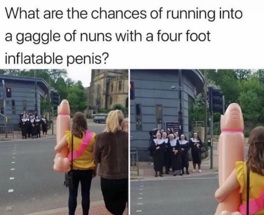 Two side-by-side photos show a person from behind carrying a giant inflatable penis while walking toward a group of nuns…