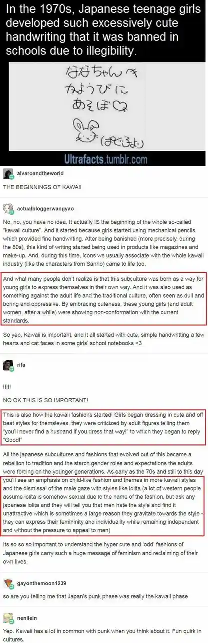 The image displays a screenshot of a Tumblr thread discussing the origins of kawaii culture. The top post features a photo…