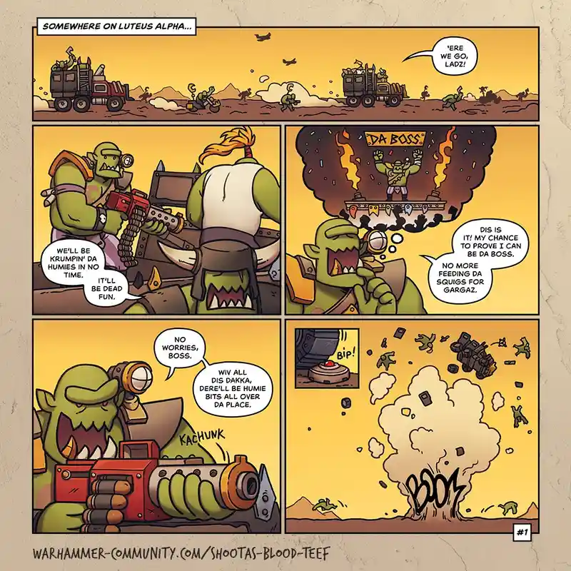 A four-panel comic strip featuring green-skinned orcs in a desert setting. In the first panel, orcs in vehicles shout 'HERE…