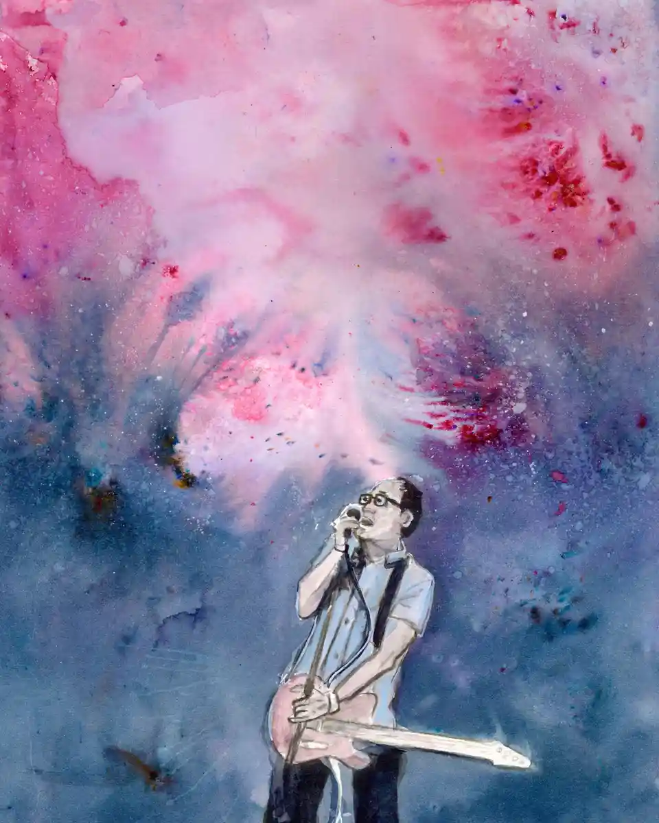 A watercolor-style illustration shows a man with glasses singing into a microphone while holding a guitar, set against a…