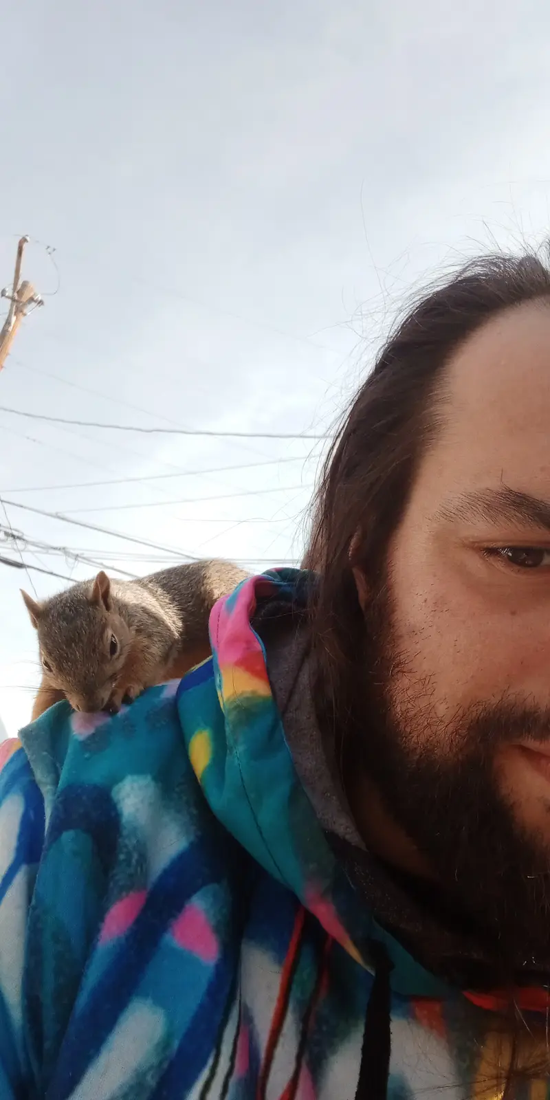 A person with long dark hair and a beard, wearing a colorful tie-dye hoodie, takes a selfie with a gray squirrel perched on…