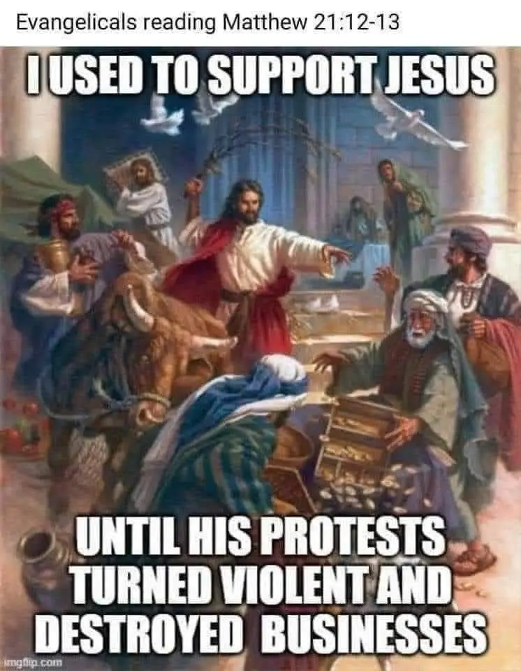 A classical painting depicts Jesus Christ overturning tables in a temple, surrounded by disciples and merchants. Overlaid…