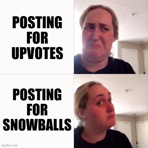 A split-screen image shows a woman with a disgusted, skeptical expression in the top panel and a wide-eyed, hopeful…