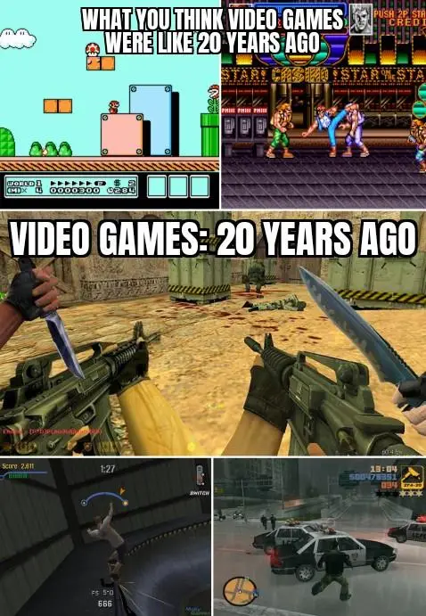 The image is a four-panel meme comparing perceptions of old video games with reality. Top left shows a simple 2D Mario game…