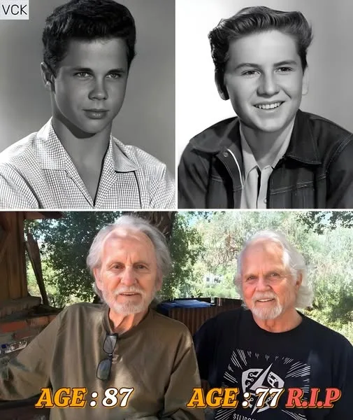 A split image shows two young men in black-and-white photos at the top, and the same two men as elderly men in color photos…