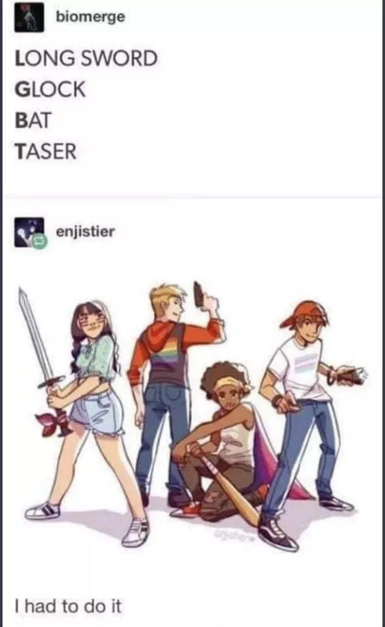 An anime-style illustration shows four casually dressed teenagers holding various weapons: a long sword, a glock pistol, a…