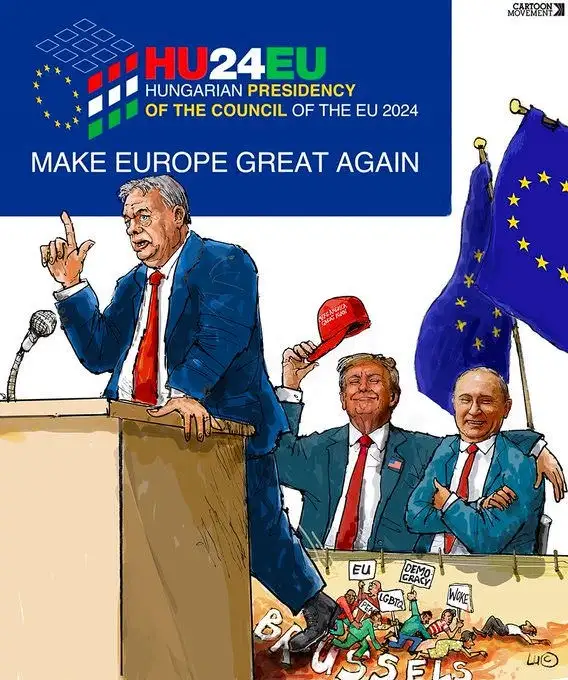 A political cartoon shows a man in a blue suit and red tie at a podium under a banner reading 'HU24EU HUNGARIAN PRESIDENCY…